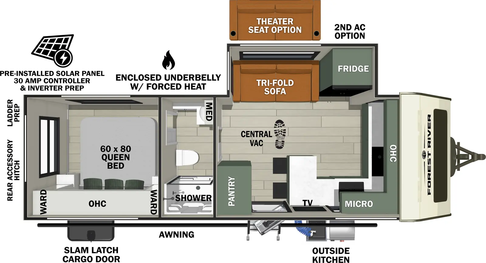 The No Boundaries NB20.5 (Coming Soon) floorplan has one entry and one slide out. Exterior features include: fiberglass exterior, 19' awning and outside kitchen. Interiors features include: front kitchen, rear bedroom and pass through bathroom.